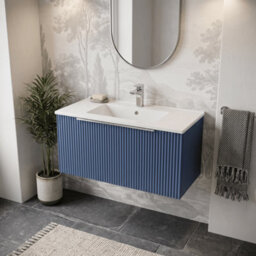 Balterley Tixall Fluted 1 Drawer Wall Hung Vanity Unit With Minimalist Basin, Satin Blue, 800mm - thumbnail 3