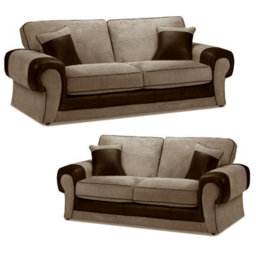 Furnishings For Less UK Portland Fabric Sofa Suite Rolled Arms 3 Seater And 2 Seater Brown And Beige - thumbnail 1