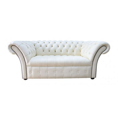 Chesterfield 2 Seater Buttoned Seat Cottonseed Real Leather Sofa Settee In Balmoral Style - image 1