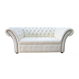 Chesterfield 2 Seater Buttoned Seat Cottonseed Real Leather Sofa Settee In Balmoral Style - thumbnail 1