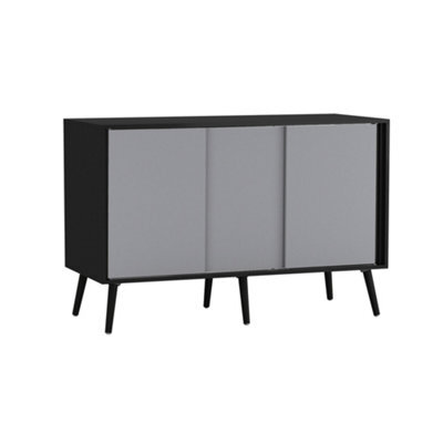 Urbn-Living Urbnliving 3-Door Sliding Cabinet Sideboard Black Carcass With Grey Doors Storage Organiser Home Cupboard Black Wooden Legs - image 1