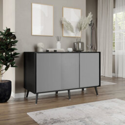 Urbn-Living Urbnliving 3-Door Sliding Cabinet Sideboard Black Carcass With Grey Doors Storage Organiser Home Cupboard Black Wooden Legs - thumbnail 3
