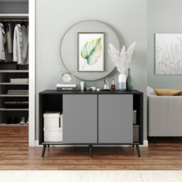 Urbn-Living Urbnliving 3-Door Sliding Cabinet Sideboard Black Carcass With Grey Doors Storage Organiser Home Cupboard Black Wooden Legs - thumbnail 4