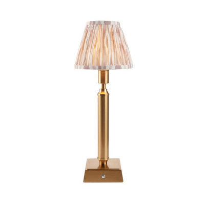Luminosa Lighting Luminosa Trobridge Rechargeable Brushed Aged Brass Plate Table Lamp With Neutral Print Fabric Ikat Shade 16Cm Integrated Led - image 1