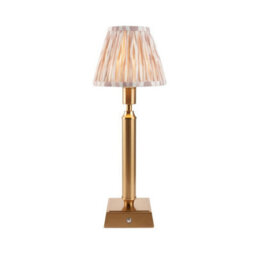 Luminosa Lighting Luminosa Trobridge Rechargeable Brushed Aged Brass Plate Table Lamp With Neutral Print Fabric Ikat Shade 16Cm Integrated Led
