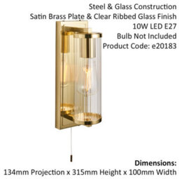 Satin Brass Bathroom Wall Light & Ribbed Cylinder Glass Shade Ip44 Rated Fitting - thumbnail 2