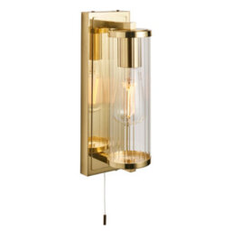 Satin Brass Bathroom Wall Light & Ribbed Cylinder Glass Shade Ip44 Rated Fitting