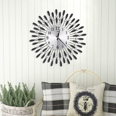 Darphe Black Round 3D Silent Drop-Shape Metal Wall Clock With Crystal For Home Decor