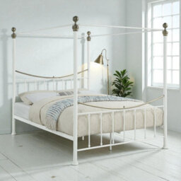 OAT Home Marylebone White & Brass Four Poster Metal Bed Frame - Double