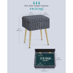 Vanity Stool With Storage, Upholstered Footstool Ottoman, Metal Legs, Adjustable Feet, Slate Grey - thumbnail 2