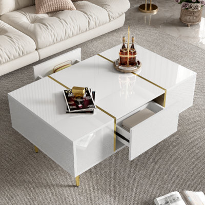 Btm High Gloss White Coffee Table With 2 Drawers Modern Minimalist Style Living Room Furniture - image 1