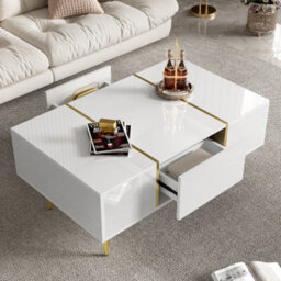 Btm High Gloss White Coffee Table With 2 Drawers Modern Minimalist Style Living Room Furniture