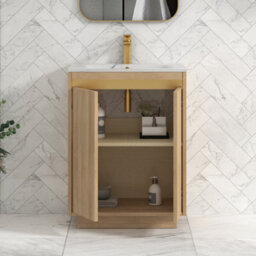 Royal Bathrooms Orion 600mm Natural Oak 2 Door Floor Standing Vanity Unit With Carrara White Basin & Brushed Brass Accent Trim - thumbnail 4