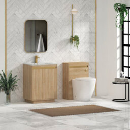 Royal Bathrooms Orion 600mm Natural Oak 2 Door Floor Standing Vanity Unit With Carrara White Basin & Brushed Brass Accent Trim - thumbnail 3