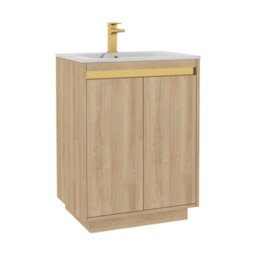 Royal Bathrooms Orion 600mm Natural Oak 2 Door Floor Standing Vanity Unit With Carrara White Basin & Brushed Brass Accent Trim - thumbnail 7