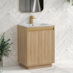 Royal Bathrooms Orion 600mm Natural Oak 2 Door Floor Standing Vanity Unit With Carrara White Basin & Brushed Brass Accent Trim - thumbnail 6