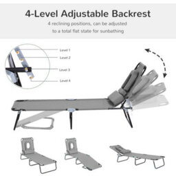 Outsunny Folding Sun Lounger Reclining Chair W/ Pillow Reading Hole Grey - thumbnail 4
