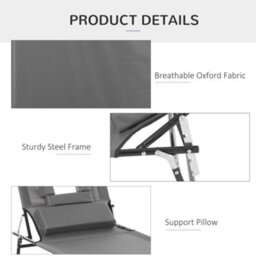 Outsunny Folding Sun Lounger Reclining Chair W/ Pillow Reading Hole Grey - thumbnail 6