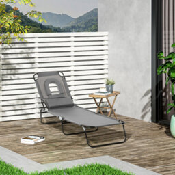 Outsunny Folding Sun Lounger Reclining Chair W/ Pillow Reading Hole Grey - thumbnail 1