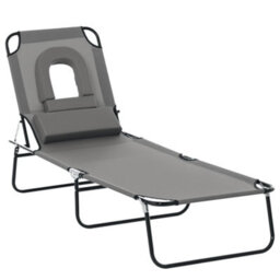 Outsunny Folding Sun Lounger Reclining Chair W/ Pillow Reading Hole Grey - thumbnail 2