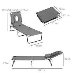 Outsunny Folding Sun Lounger Reclining Chair W/ Pillow Reading Hole Grey - thumbnail 3
