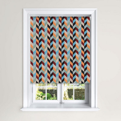 Lister Cartwright Roller Blind Blackout Color Block Chevron Blue/orange Easy Fit Child Safety Included - 210 X 140 Cm