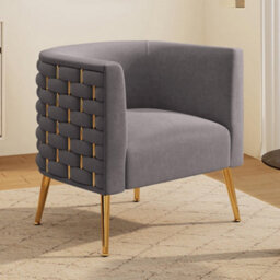 Seynar Grey Velvet Tufted Barrel Accent Chair, Woven Upholstery With Wide Bucket Seat - thumbnail 1