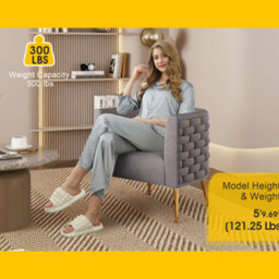 Seynar Grey Velvet Tufted Barrel Accent Chair, Woven Upholstery With Wide Bucket Seat - thumbnail 2