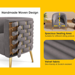 Seynar Grey Velvet Tufted Barrel Accent Chair, Woven Upholstery With Wide Bucket Seat - thumbnail 5