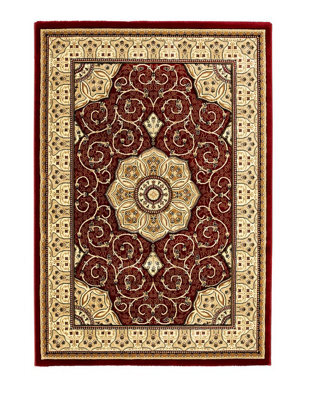 Red Traditional Rug, Bordered Floral Rug, Stain-Resistant Rug, Red Bordered Rug For Bedroom, & Diningroom-150Cm (Circle) - image 1