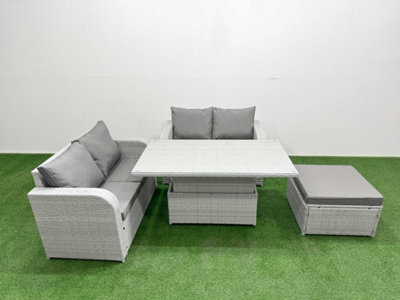 Fimous 5 Seater Outdoor Love Sofa Set Rattan Garden Furniture Set Adjustable Lifting Table Big Footstool Light Grey - image 1