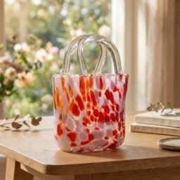 Elegant Handbag-Style Large Shimmering Red Fleck Design Thick Glass Vase - thumbnail 2
