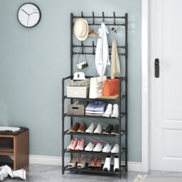 Living And Home Black Galvanized Steel 5 Tier Shoe Rack Top Double Row Coat Hooks For Entryway - thumbnail 1