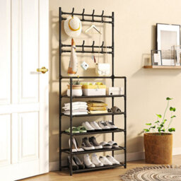 Living And Home Black Galvanized Steel 5 Tier Shoe Rack Top Double Row Coat Hooks For Entryway - thumbnail 2