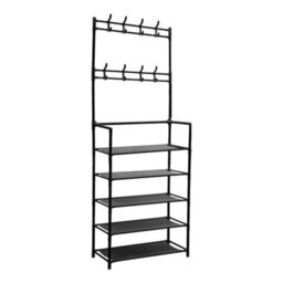 Living And Home Black Galvanized Steel 5 Tier Shoe Rack Top Double Row Coat Hooks For Entryway - thumbnail 5