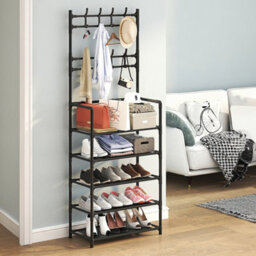 Living And Home Black Galvanized Steel 5 Tier Shoe Rack Top Double Row Coat Hooks For Entryway - thumbnail 3
