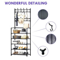 Living And Home Black Galvanized Steel 5 Tier Shoe Rack Top Double Row Coat Hooks For Entryway - thumbnail 6