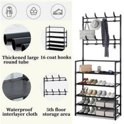 Living And Home Black Galvanized Steel 5 Tier Shoe Rack Top Double Row Coat Hooks For Entryway - thumbnail 7