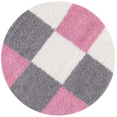 The Rugs Pink Grey And Ivory Soft Checkerboard Design Fluffy Shaggy Rugs And Runners High Pile Living Room Kitchen Hallway 381 - image 1