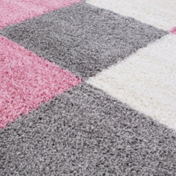 The Rugs Pink Grey And Ivory Soft Checkerboard Design Fluffy Shaggy Rugs And Runners High Pile Living Room Kitchen Hallway 381 - thumbnail 3
