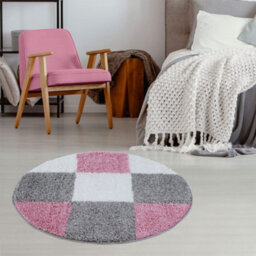 The Rugs Pink Grey And Ivory Soft Checkerboard Design Fluffy Shaggy Rugs And Runners High Pile Living Room Kitchen Hallway 381 - thumbnail 2