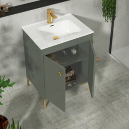 Royal Bathrooms Verona 600mm Matt Green Floor Standing Vanity Unit 2 Door With Ceramic Basin & Brushed Brass Knob - thumbnail 5