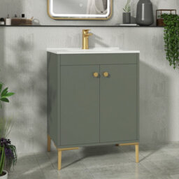 Royal Bathrooms Verona 600mm Matt Green Floor Standing Vanity Unit 2 Door With Ceramic Basin & Brushed Brass Knob