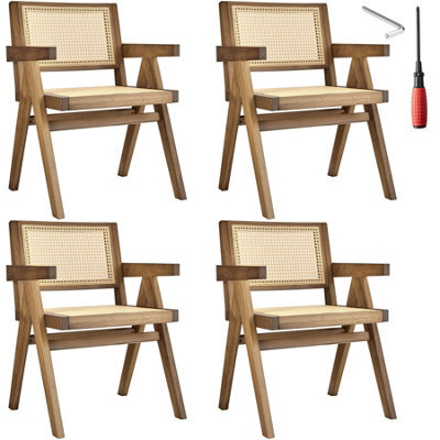 Tectake Set Of 4 Dining Chair Lizzy With Mid-Century Modern Design, Rattan Backrest And Solid Wood Frame  - Light Oak - image 1