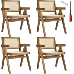 Tectake Set Of 4 Dining Chair Lizzy With Mid-Century Modern Design, Rattan Backrest And Solid Wood Frame  - Light Oak
