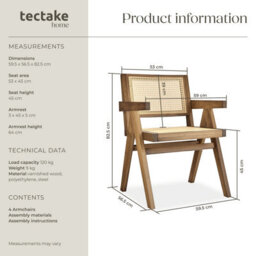 Tectake Set Of 4 Dining Chair Lizzy With Mid-Century Modern Design, Rattan Backrest And Solid Wood Frame  - Light Oak - thumbnail 6