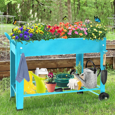 Huhote Durable Metal Raised Garden Bed With Legs And Storage Shelf 101X28X80 Cm Blue - image 1