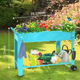 Huhote Durable Metal Raised Garden Bed With Legs And Storage Shelf 101X28X80 Cm Blue - thumbnail 3