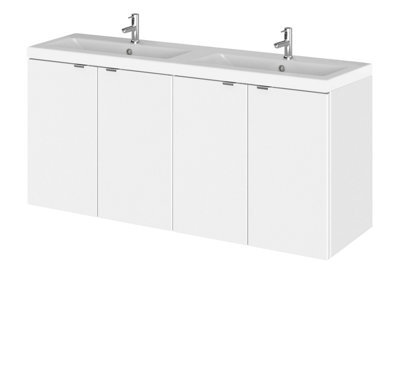Hudson Reed Fusion Wall Hung 4 Door Vanity Unit & Twin Ceramic Basin, Stylish Vanity Unit With Basin, Gloss White, 1200mm - image 1