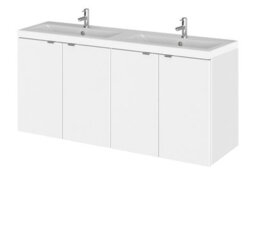 Hudson Reed Fusion Wall Hung 4 Door Vanity Unit & Twin Ceramic Basin, Stylish Vanity Unit With Basin, Gloss White, 1200mm - thumbnail 1